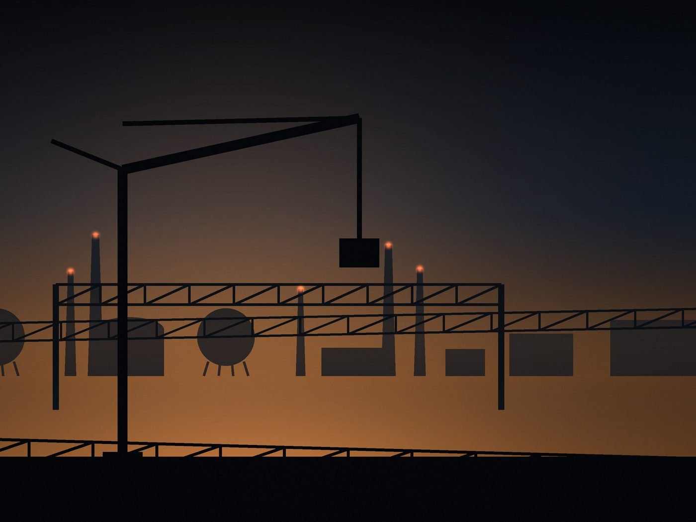 Fabrication facility with an overhead gantry at dusk