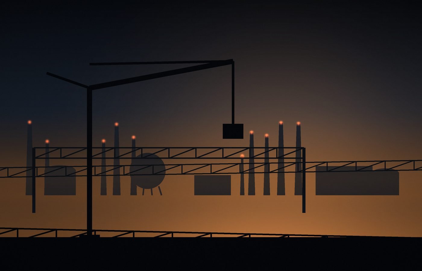 Fabrication yard at dusk with gantry and crane silhouettes