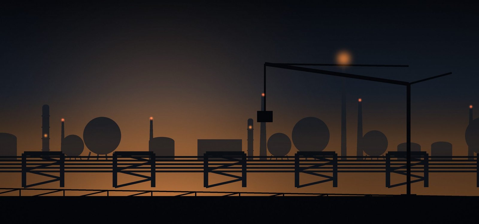 Industrial skyline at dusk near the Al-Jubail plant belt